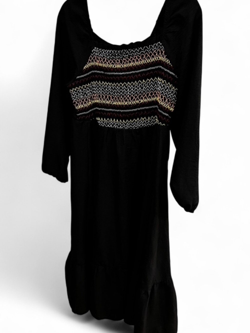 BloomChic Black Long-Sleeve Midi Dress with Multicolor Smocked Bodice